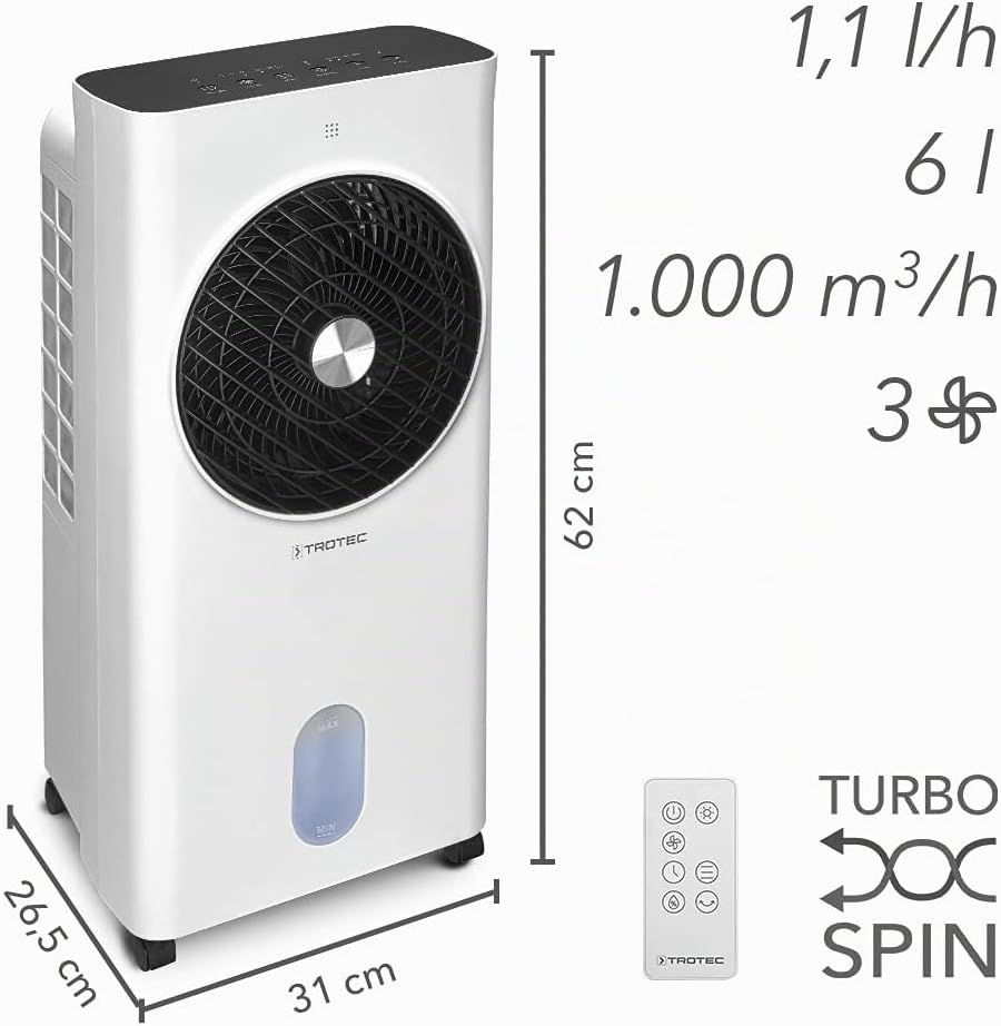  TROTEC Rafraîchisseur D'Air 4-en-1 PAE 31 - Technologie Turbospin 1000 M³/h, Portée 10m, Refroidisseur, Ventilateur, Humidificateur Et Purificateur, Réservoir 6L, Oscillation 360°, Jusqu'à 26 M²