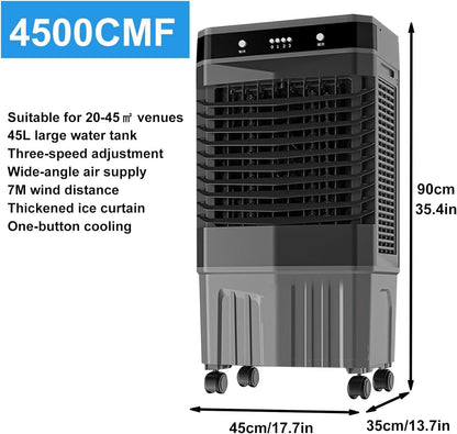GENERIC Réservoir De Refroidisseur D'évaporation Portable 45L, Ventilateur De Climatiseur 3 En 1 Avec Paquets De Glace, Humidificateur à Grande Vitesse Pour Le Bureau à Domicile, Grande Capacité D'eau, Roues