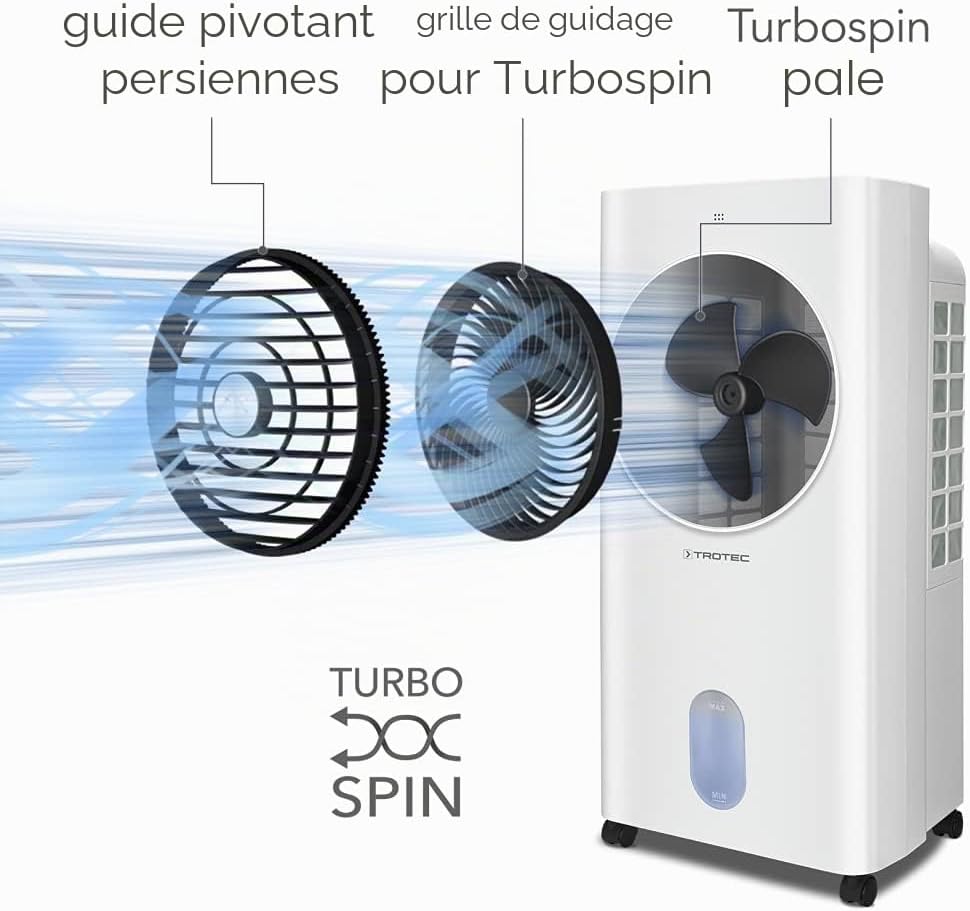  TROTEC Rafraîchisseur D'Air 4-en-1 PAE 31 - Technologie Turbospin 1000 M³/h, Portée 10m, Refroidisseur, Ventilateur, Humidificateur Et Purificateur, Réservoir 6L, Oscillation 360°, Jusqu'à 26 M²