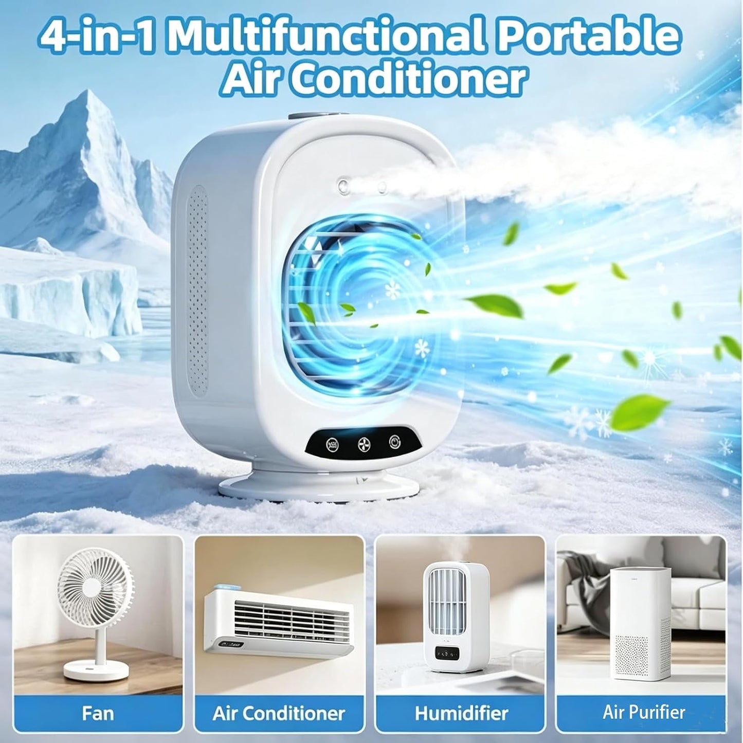 ZVD Climatiseur Mobile Portable,Mini Refroidisseur D'Air 4 En 1 (Blanc) | Silencieux,3 Vitesses,300ML,USB,Ventilateur Brumisateur,Mini Clim Pour Bureau,Chambre,Voiture,Camping