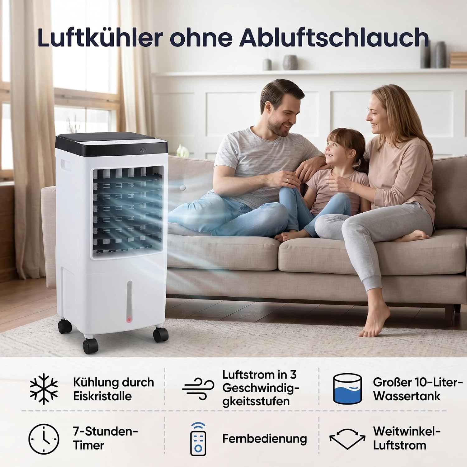  VINGVO Refroidisseur D'air Sans Tuyau D'échappement 10L, Climatiseur Mobile 65W Avec Refroidissement Par Eau, Minuterie Télécommandée à 3 Niveaux, Refroidisseur D'air Pour Chambre De (Prise UE 220V)
