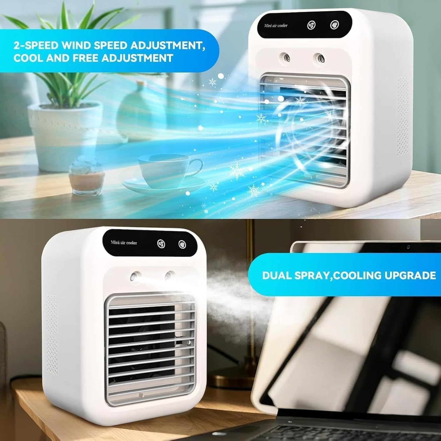  Climatiseur Portable 4 En 1, Mini Climatiseur USB Silencieux Avec Réservoir 500 Ml, Refroidisseur D’Air à Double Vitesse Et Brumisation, Pour Bureau, Chambre, Camping