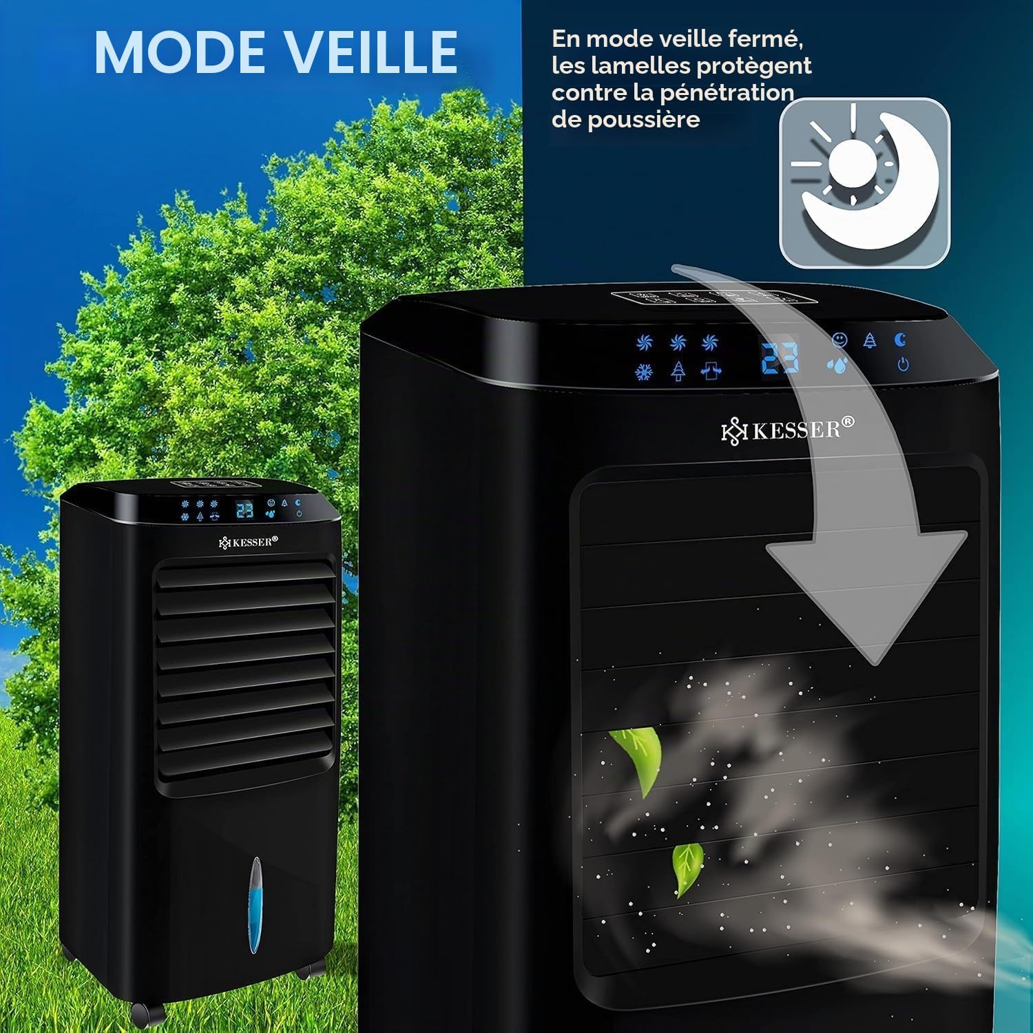  KESSER® Climatiseur Mobile 4 En 1 – Refroidisseur D'air Avec Télécommande Et Minuterie, Réservoir D'eau De 10 L, Ionisateur Et Humidificateur, Ventilateur Climatiseur Sans Tuyau D'évacuation, 3