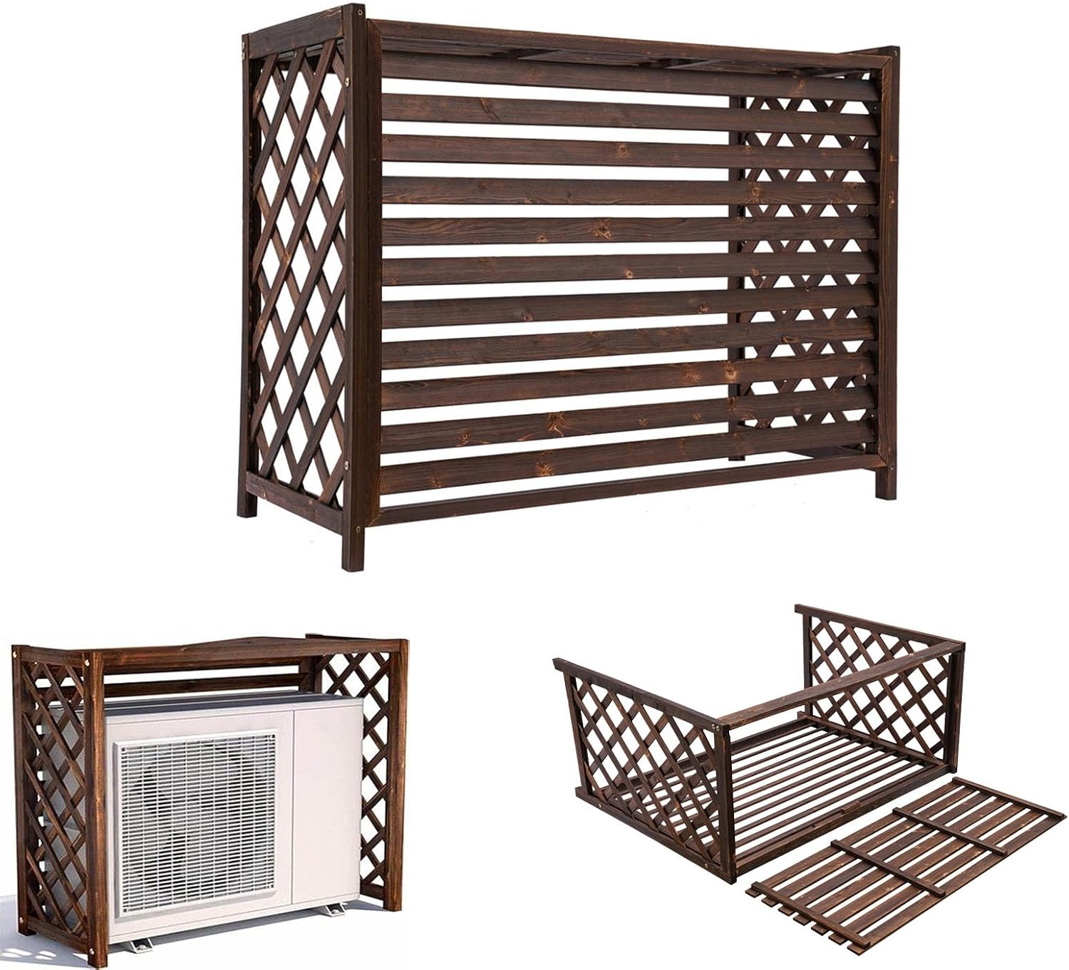  Housse De Climatiseur En Bois - Écran Décoratif Imperméable Pour Climatiseurs Et Pompes à Chaleur 115 X 54 X 95 Cm Marron Antirouille Résistant à La Corrosion Support Pou