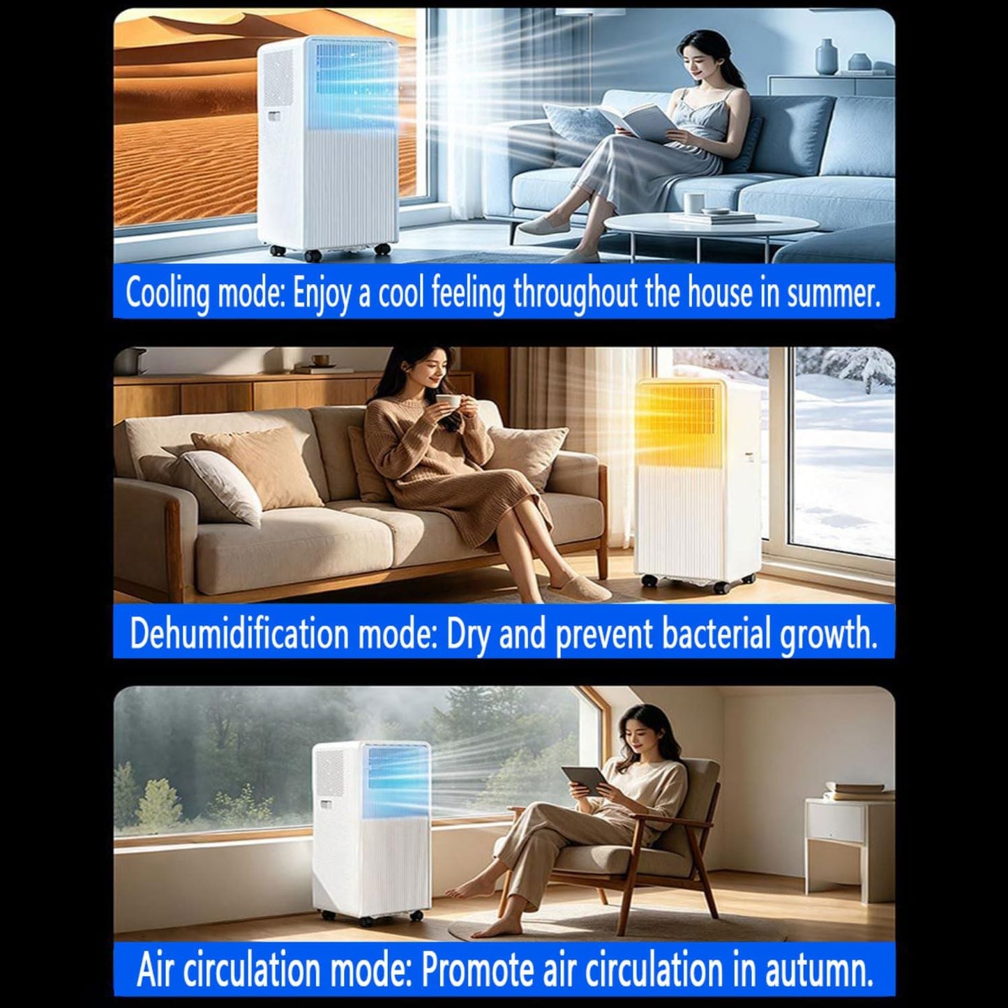  Le Climatiseur Portable Refroidit Jusqu'à 300 Sq.Ft, Chambre Alternative Intelligente Silencieuse Avec Le Mode De Sommeil De Ventilateur Cool Dehumidify, Télécommande, 24H Minuterie Pour Chambre à Cou