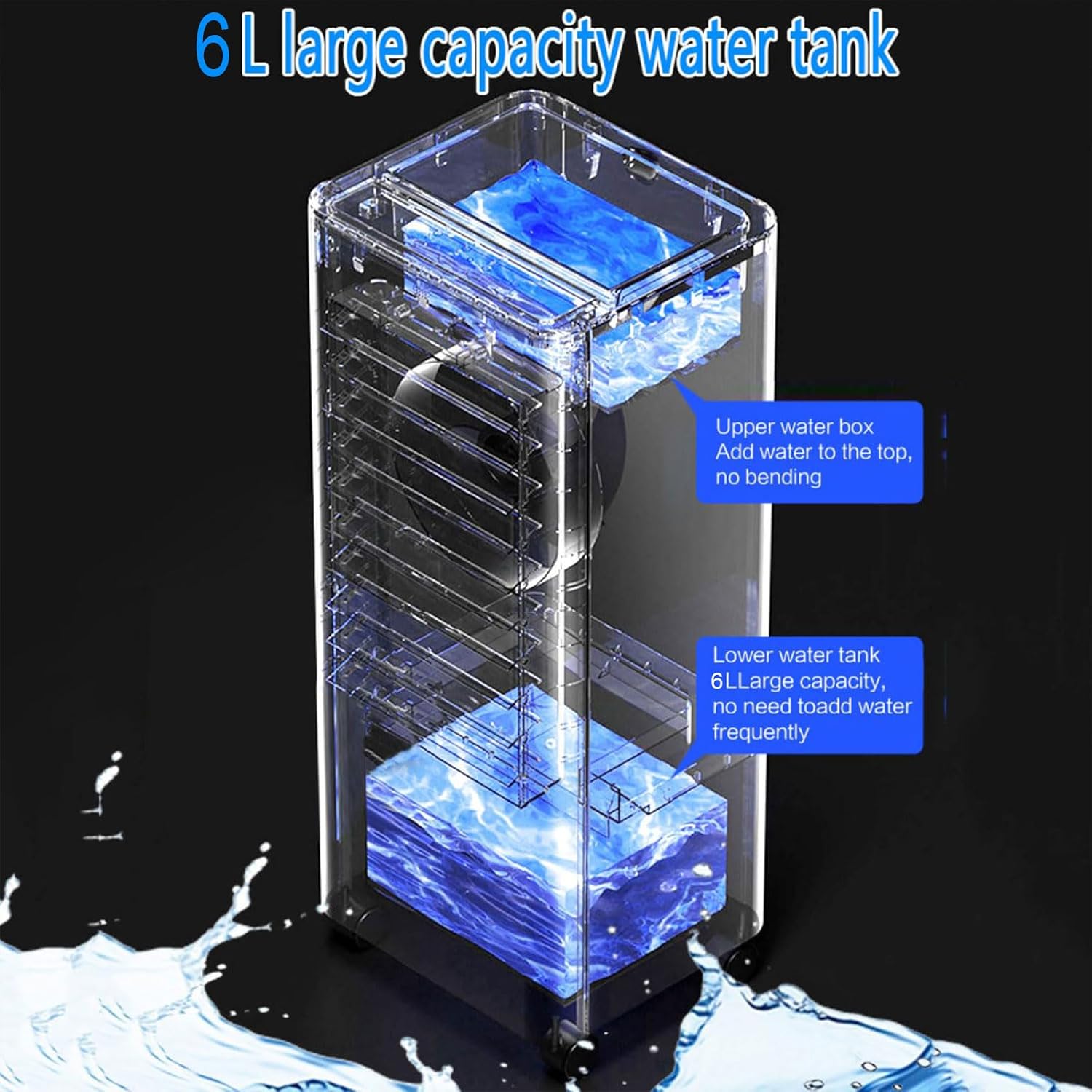 GENERIC Climatiseur Portable 3-en-1, Rafraîchisseur D’Air Évaporatif De 6L Avec Écran LED Et Oscillation à 90°, 3 Vitesses De Ventilation Réglables Et Minuterie De 7,5H, Ventilateur à Air Froid Pour Ma Black