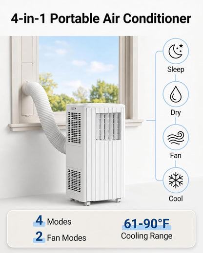  Climatiseur Mobile, 8000 BTU, Refroidit La Pièce Jusqu'à 350 Mètres Carrés, Unité AC 3 En 1 Avec Mode Déshumidificateur Et Ventilateur, Télécommande, Ultra Silencieux 48 DB, Blanc Et
