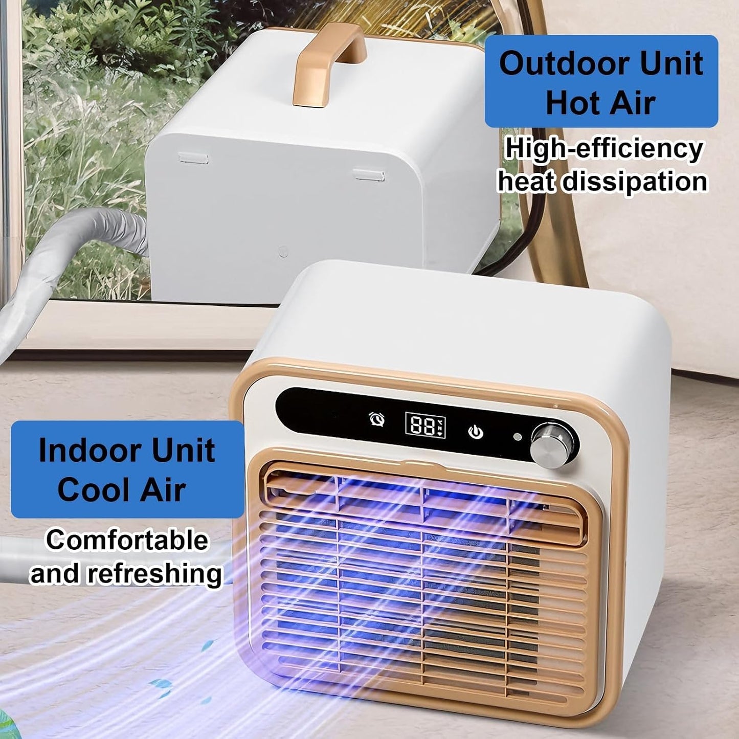 GENERIC Climatiseur Split Portable, Unité De Climatisation 5000 BTU Avec Wi-Fi Et Télécommande - Refroidissement Silencieux 40dB, Débit D’Air 130m³/h, Minuterie 12H Pour Camping-Car, Caravane, Campin 2m-Pipe