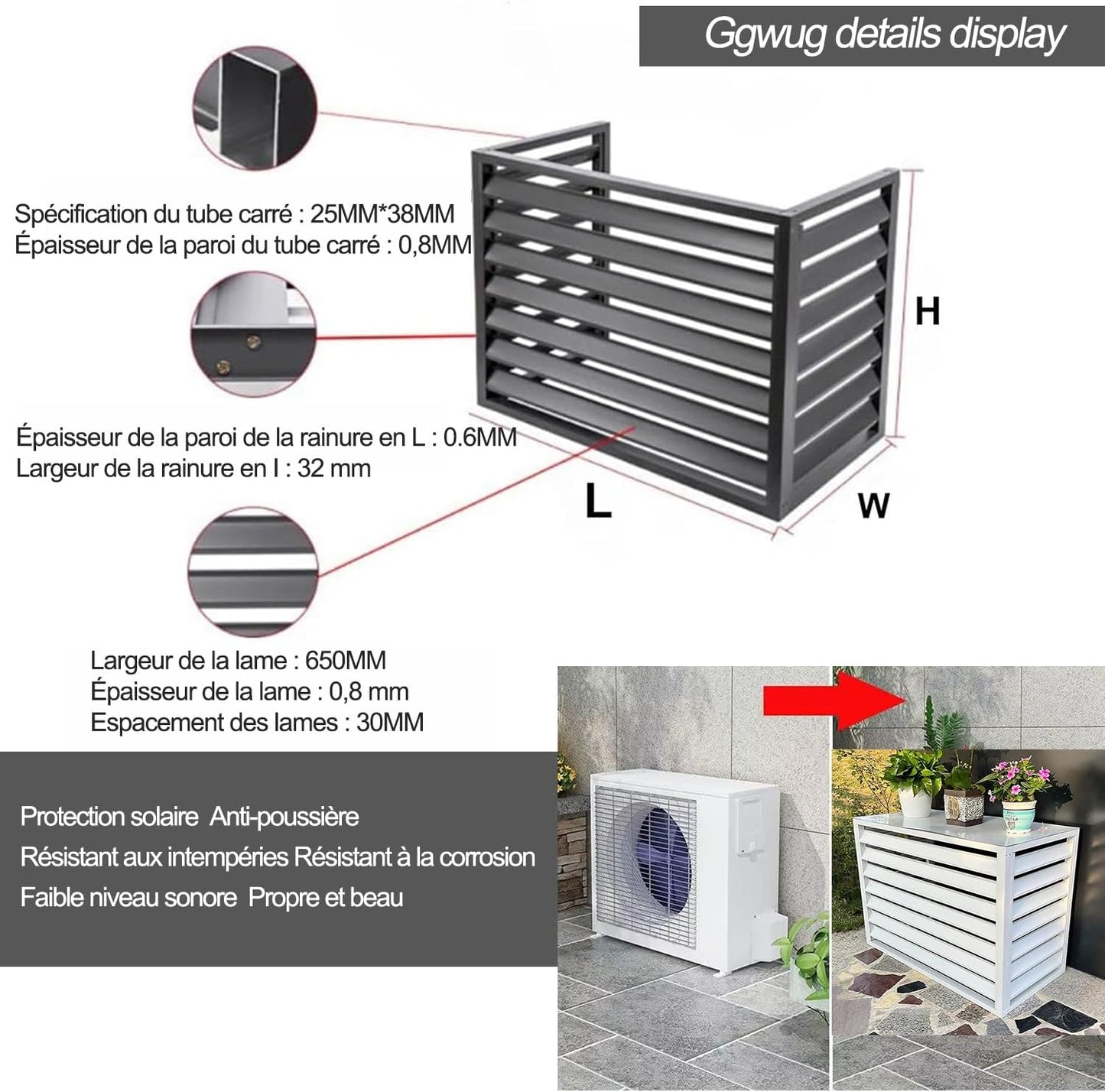  1.5P Climatiseur Mural Aluminium Composite Caisson Anti Bruit Pompe A Chaleur Support Climatiseur Exterieur Cache Clim,Étanche À La Poussière Et À L'eau Pour Intérieur Extérieur Support