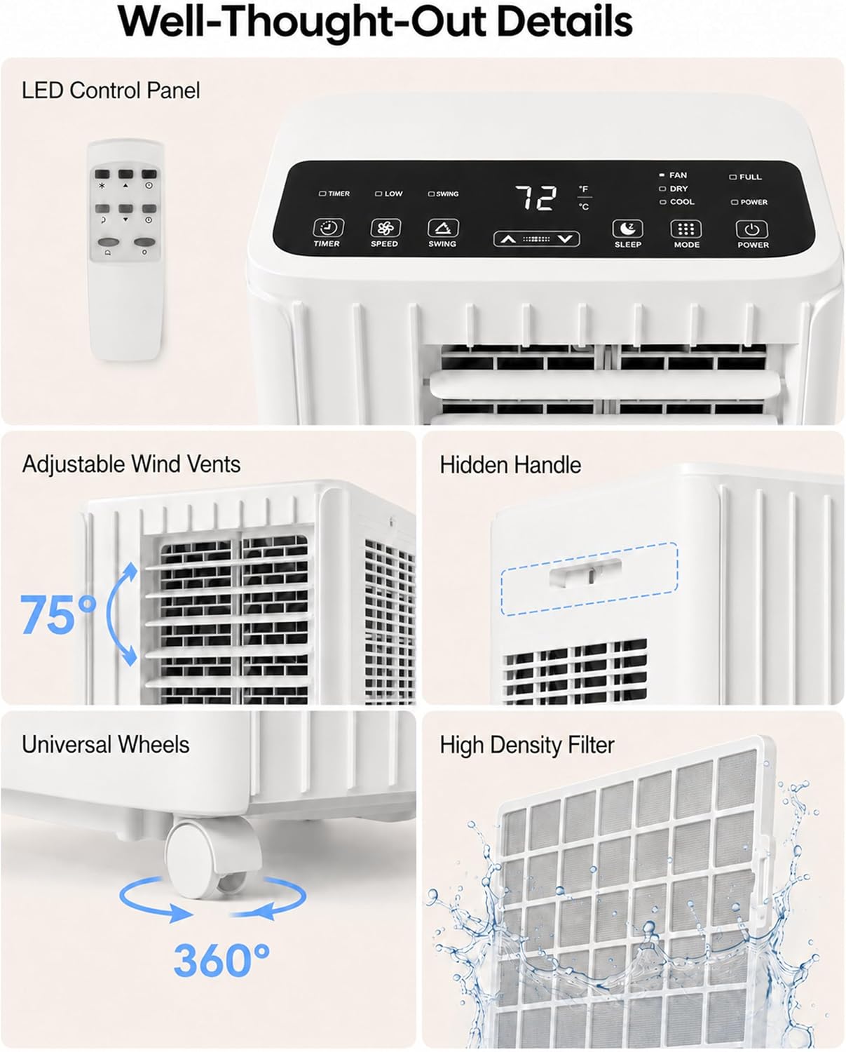  Climatiseur Mobile, 8000 BTU, Refroidit La Pièce Jusqu'à 350 Mètres Carrés, Unité AC 3 En 1 Avec Mode Déshumidificateur Et Ventilateur, Télécommande, Ultra Silencieux 48 DB, Blanc Et