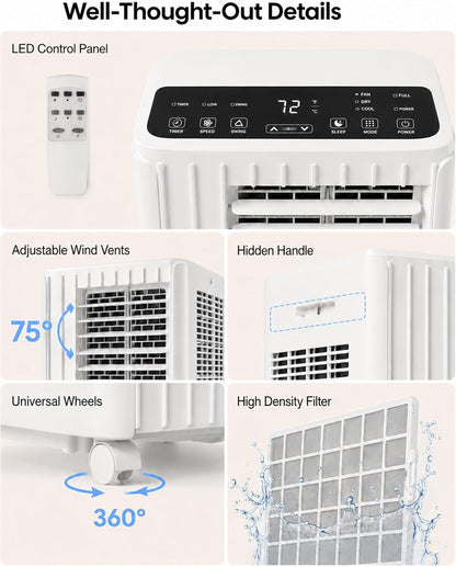  Climatiseur Mobile, 8000 BTU, Refroidit La Pièce Jusqu'à 350 Mètres Carrés, Unité AC 3 En 1 Avec Mode Déshumidificateur Et Ventilateur, Télécommande, Ultra Silencieux 48 DB, Blanc Et