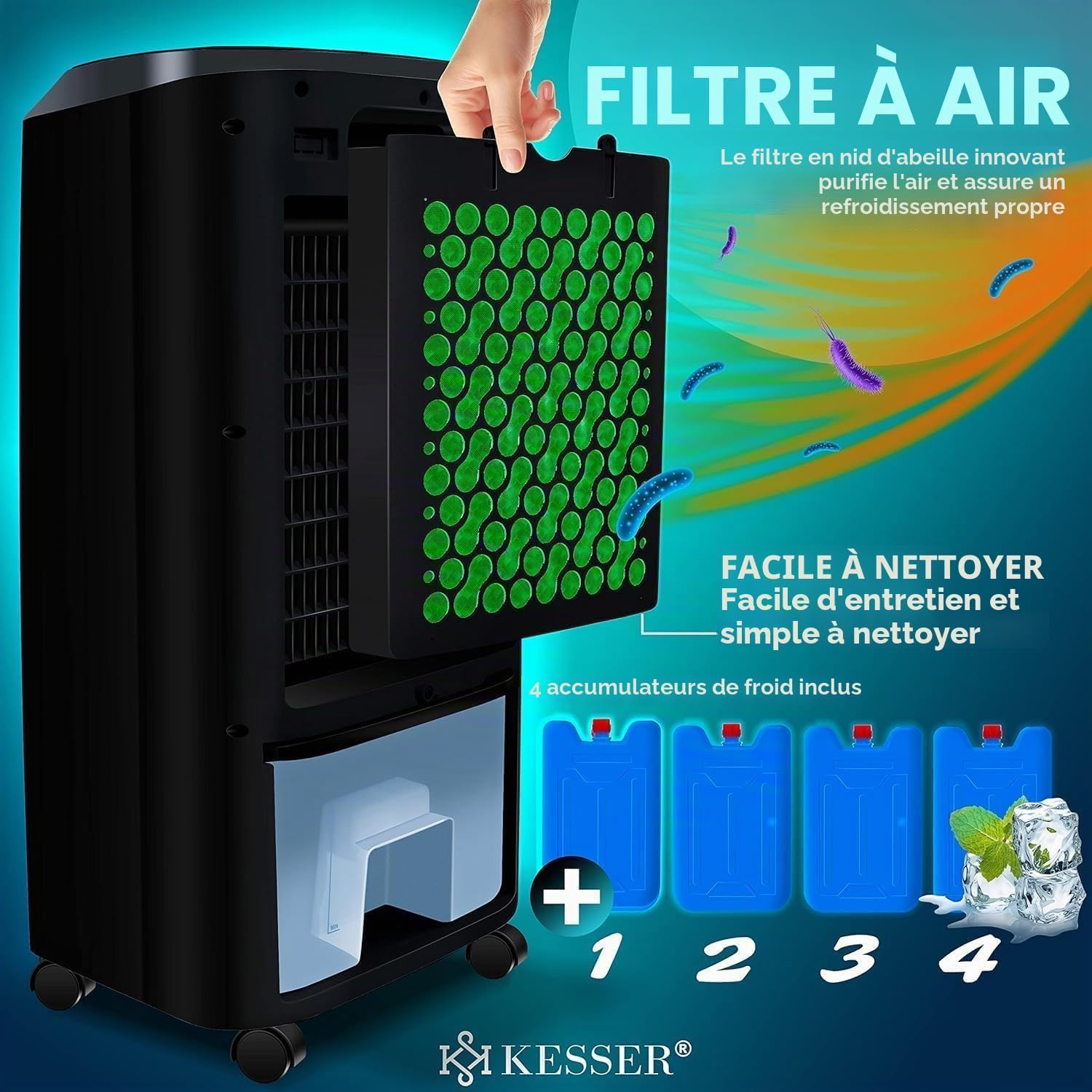  KESSER® Climatiseur Mobile 4 En 1 – Refroidisseur D'air Avec Télécommande Et Minuterie, Réservoir D'eau De 10 L, Ionisateur Et Humidificateur, Ventilateur Climatiseur Sans Tuyau D'évacuation, 3