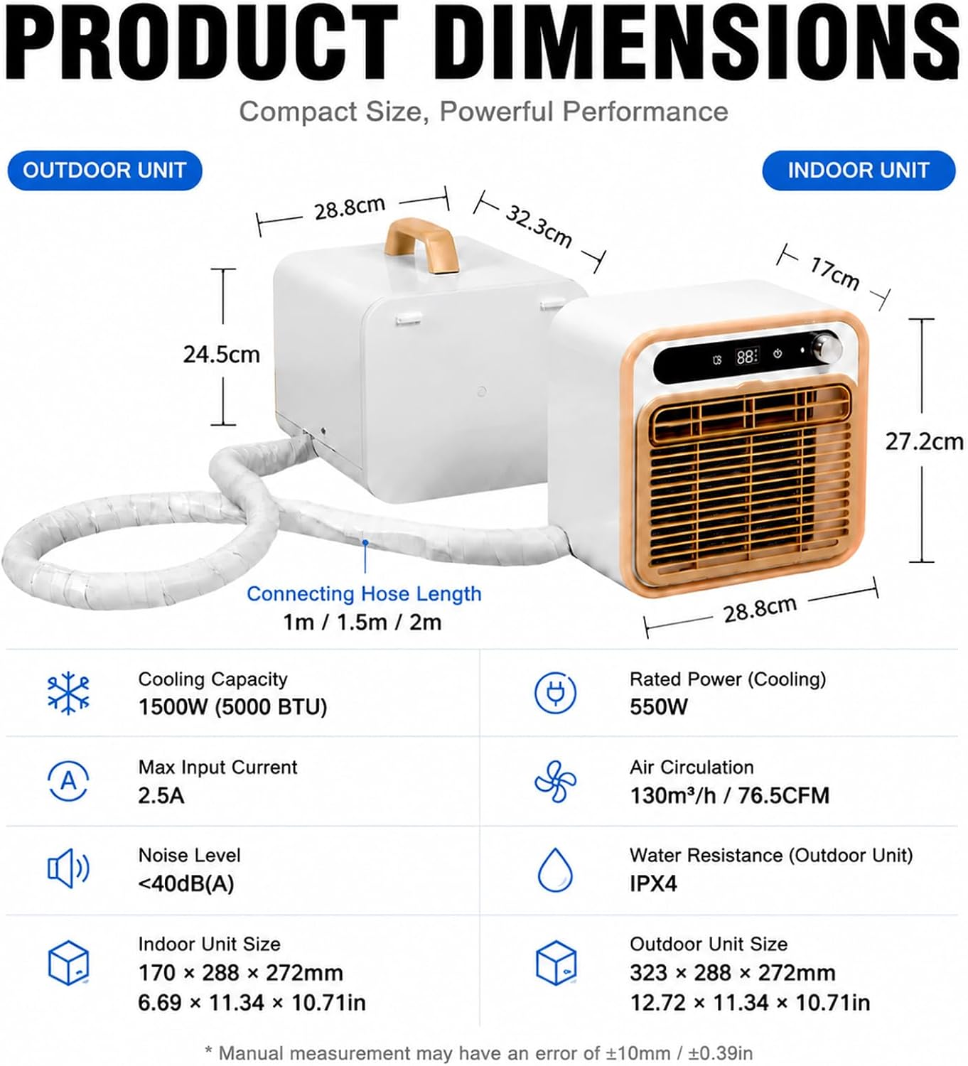  Climatiseur Portable 5000 BTU, AC Mobile Pour Tente 1m | Modèle Split Silencieux, Refroidisseur D'air Intelligent Avec Option Tuyau 1m/1.5m/2m, Minuterie 12H Bureau