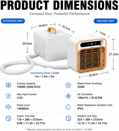  Climatiseur Portable 5000 BTU, Climatiseur Camping 1.5m | Structure Split Silencieux, Mini Climatiseur Chambre Bureau Avec Tuyau 1m/1.5m/2m Optionnel, Minuterie 12H Sans Eau