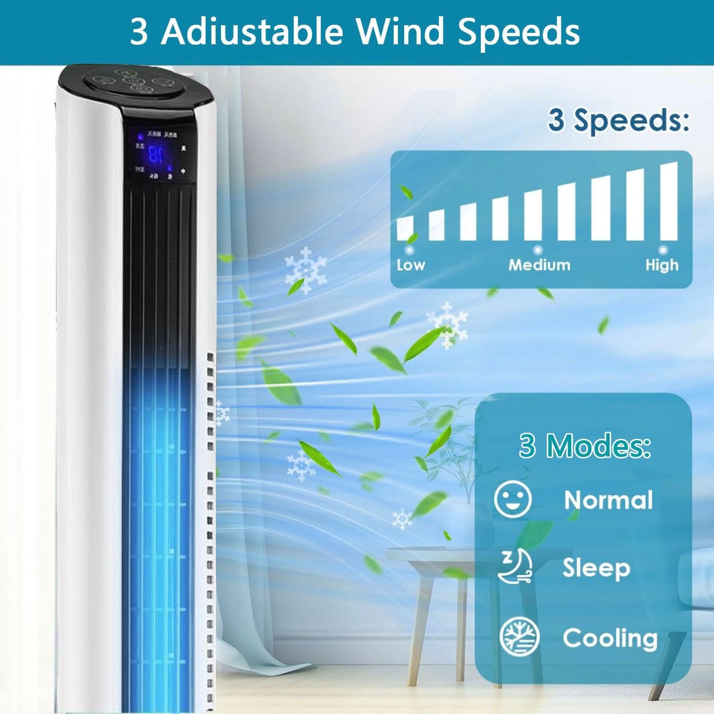 GENERIC Ventilateur De Tour Portable Avec Télécommande, 60° Circulateur D'air Oscillant, Ventilateur De Refroidissement Silencieux Pour Le Bureau à Domicile, Affichage LED, 3 Vitesses, Minuterie 12H, Concepti