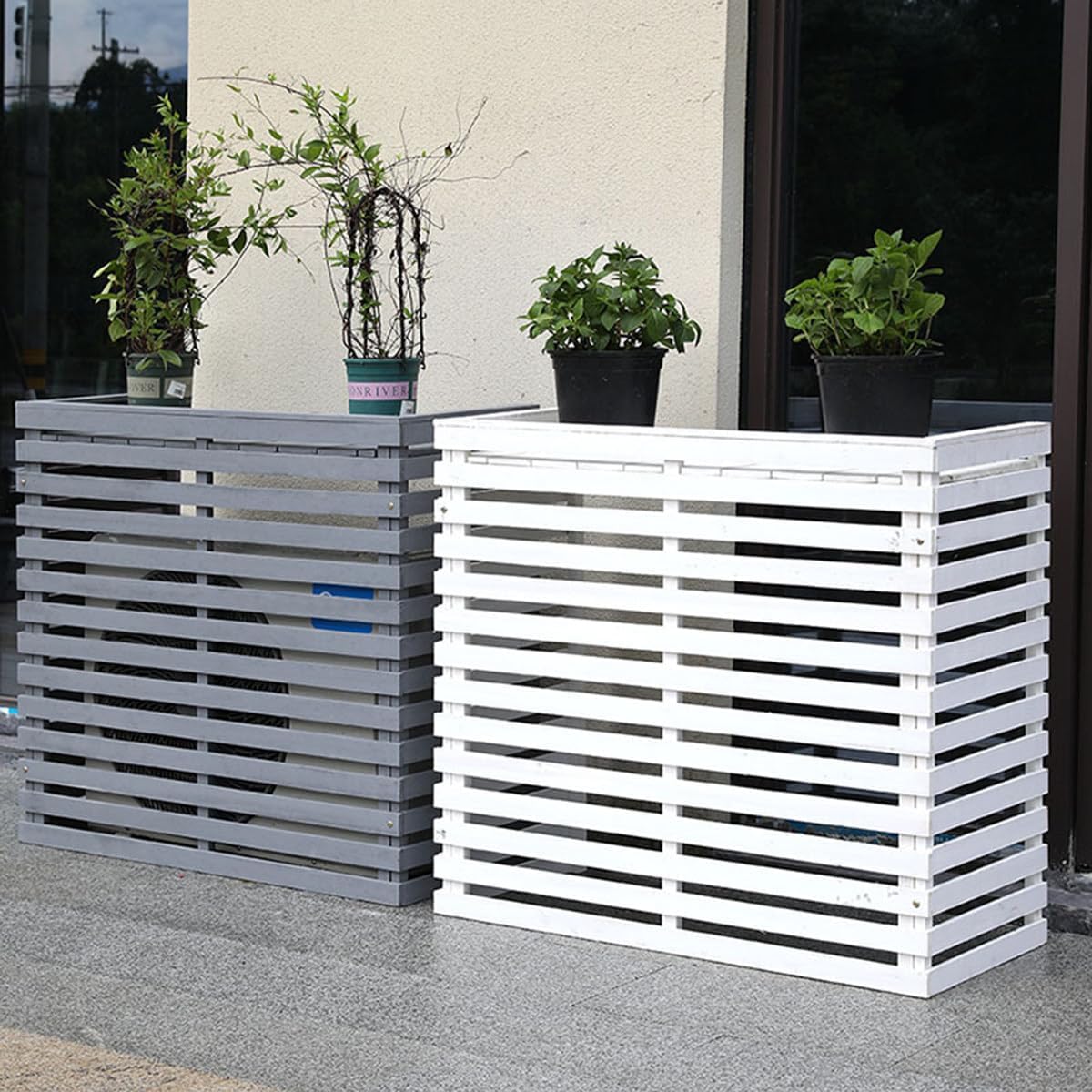 GENERIC Housse De Protection Pour Climatiseur D'extérieur En Bois Massif Avec Persiennes Et Support De Fleurs 105 X 45 X 95 Cm, Résistante Aux Intempéries Et Design Pour Jardin Et Terrasse