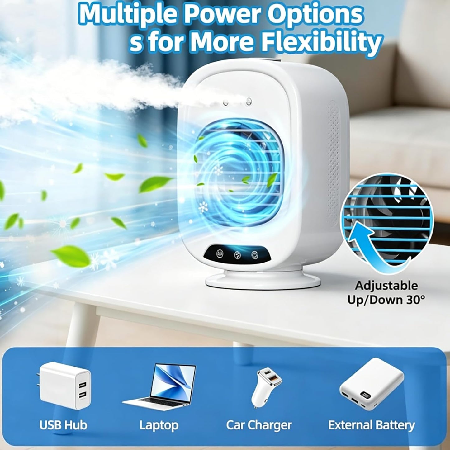  ZVD Climatiseur Mobile Portable,Mini Refroidisseur D'Air 4 En 1 (Blanc) | Silencieux,3 Vitesses,300ML,USB,Ventilateur Brumisateur,Mini Clim Pour Bureau,Chambre,Voiture,Camping