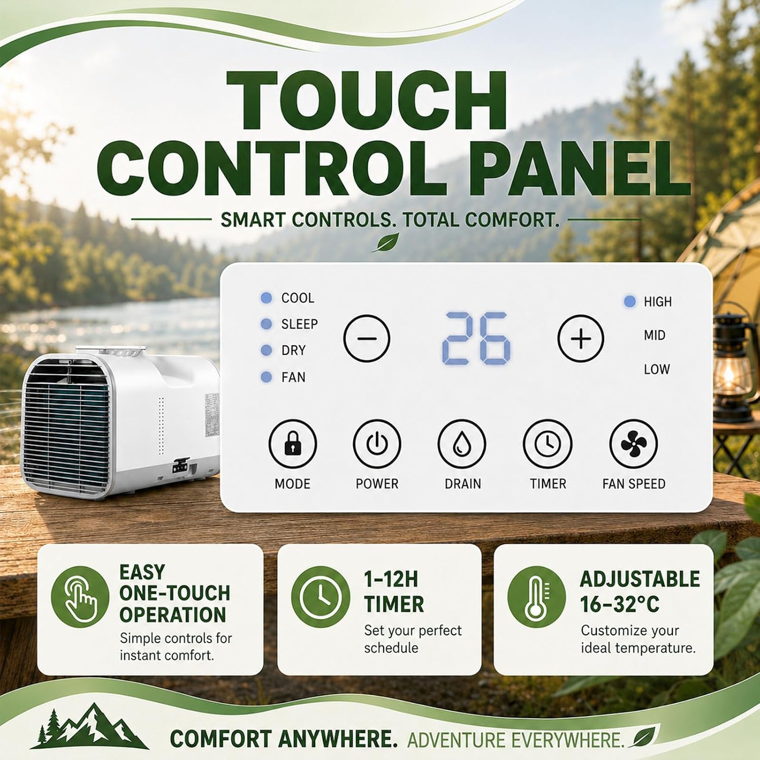  Climatiseur Mobile 2026,Climatiseur Portable Pour Tente De Camping Et Intérieur,Rafraîchisseur D'air Portable 4 En 1 Avec Fonctions Sommeil Et Déshumidification,Silencieux À 42Db DC1200W