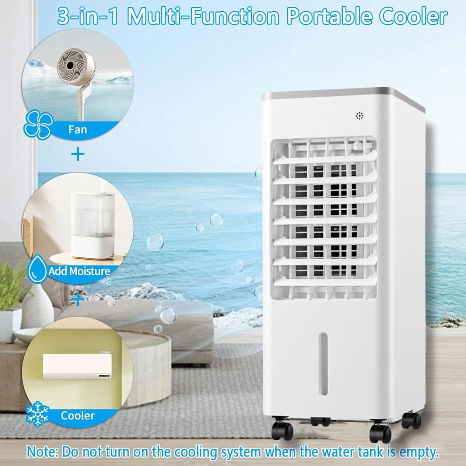GENERIC Climatiseur Portable 3-en-1, Rafraîchisseur D’Air Évaporatif De 6L Avec Écran LED Et Oscillation à 90°, 3 Vitesses De Ventilation Réglables Et Minuterie De 7,5H, Ventilateur à Air Froid Pour Ma Black