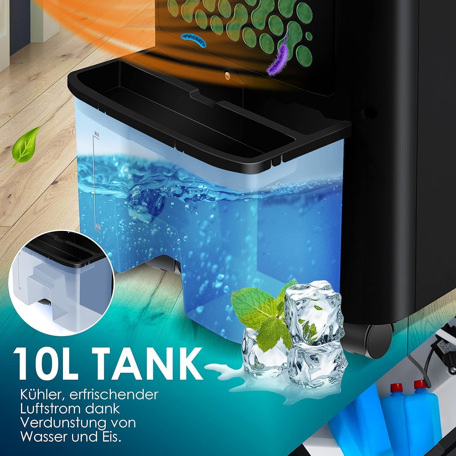  KESSER® Climatiseur Mobile 4 En 1 – Refroidisseur D'air Avec Télécommande Et Minuterie, Réservoir D'eau De 10 L, Ionisateur Et Humidificateur, Ventilateur Climatiseur Sans Tuyau D'évacuation, 3