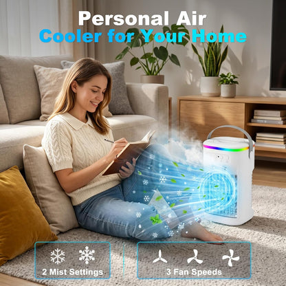  Climatiseur Mobile, Mini Rafraîchisseur D’Air Silencieux Avec Télécommande, Ventilateur Brumisateur USB, 3 Vitesses, 2 Modes Brume, Minuteur 1H/2H/4H, LED 7 Couleurs, Pour Chambre Bureau