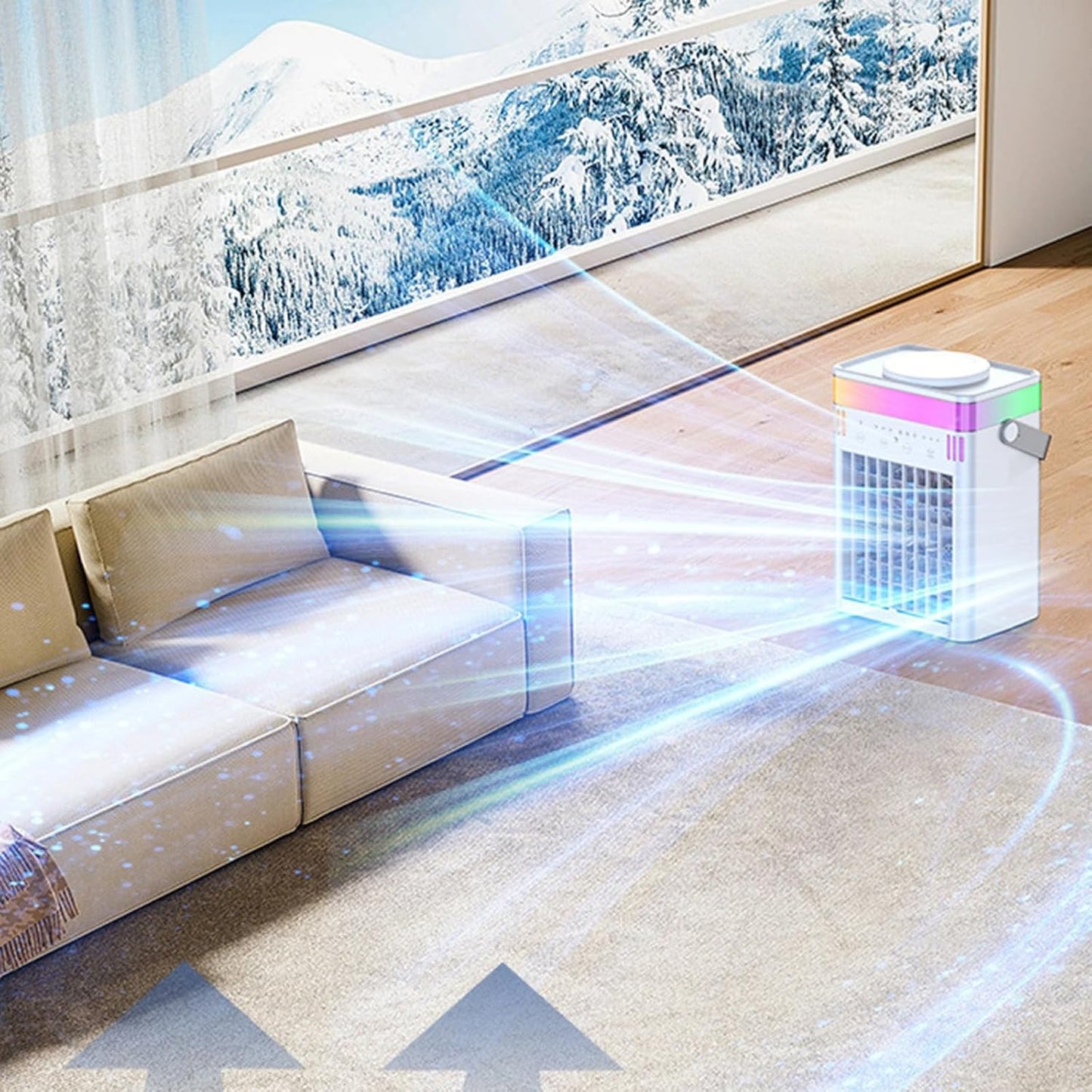  Climatiseur Mobile Silencieux Refroidisseur D'Air Avec 3 Niveaux De Flux, 3 Modes De Brumisation, Minuterie 2/4/8H Éclairage RGB Alimentation Mini Ventilateur Portable USB Pour Chambre Bureau Voiture