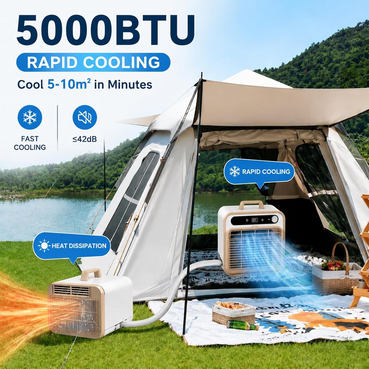  Climatiseur Portable 5000 BTU, Climatiseur Camping 1.5m | Structure Split Silencieux, Mini Climatiseur Chambre Bureau Avec Tuyau 1m/1.5m/2m Optionnel, Minuterie 12H Sans Eau