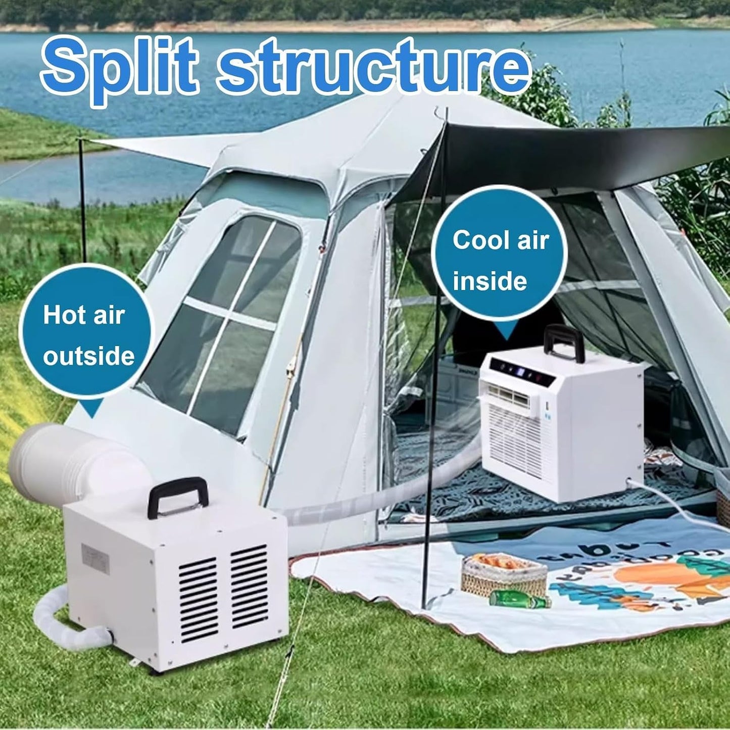  3000 BTU Portable Split AC, WiFi & Télécommande, 12H Minuterie, 130m3/h Airflow, Whisper Refroidissement Silencieux Pour Tente RV Home Office, Aucun Assemblage Requis