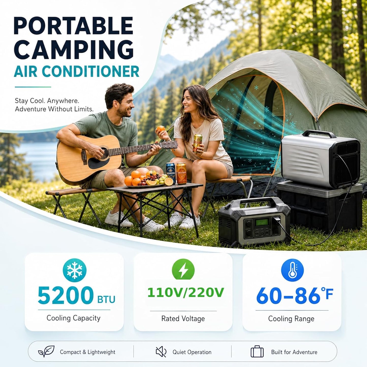  Climatiseur Mobile Portable 5200 BTU, 400W Climatiseur De Tente Avec Compresseur, Refroidissement Rapide Et Mode Nuit, Déshumidificateur Ventilateur Pour Camping, Van, RV Et Petit Espace