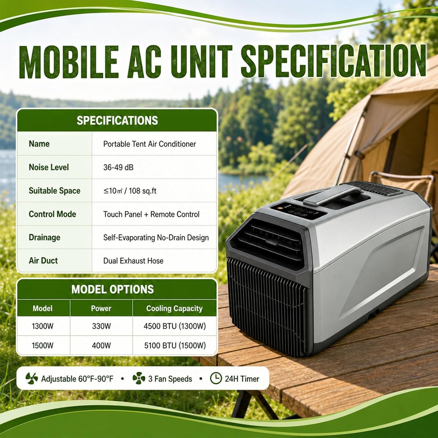  Climatiseur Mobile,Unité De Climatisation Portable Pour Camping,Refroidissement 4500/5100 Btu Pour Camping-Car, Tente, Caravane, Fourgon, 3 En 1, Minuterie 24 H, Télécommande 1500W