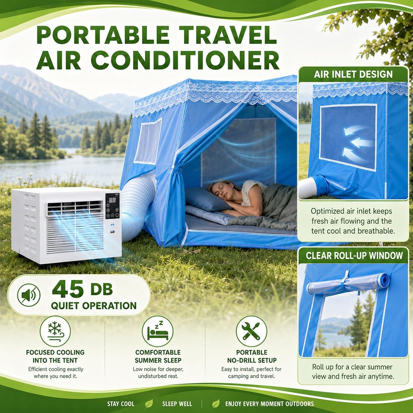  Climatiseur Portable 1876 Btu Pour Tentes,280W,Déshumidificateur,Rafraîchisseur D'air Avec Minuterie Et Télécommande Pour Tentes 1 À 3 Personnes,Camping En Camion Et Camping-Cars AC+1.8M