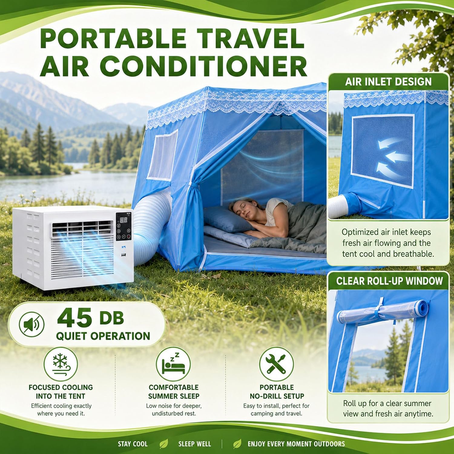  Climatiseur Portable 1876 Btu Pour Tentes,280W,Déshumidificateur,Rafraîchisseur D'air Avec Minuterie Et Télécommande Pour Tentes 1 À 3 Personnes,Camping En Camion Et Camping-Cars AC+1.8M