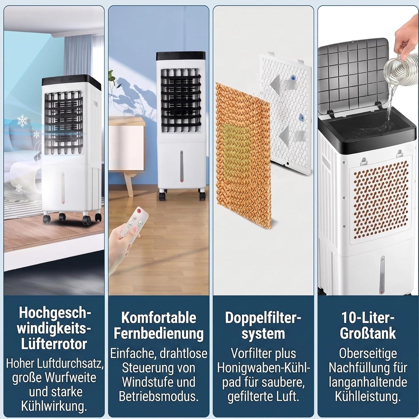  VINGVO Refroidisseur D'air Sans Tuyau D'échappement 10L, Climatiseur Mobile 65W Avec Refroidissement Par Eau, Minuterie Télécommandée à 3 Niveaux, Refroidisseur D'air Pour Chambre De (Prise UE 220V)
