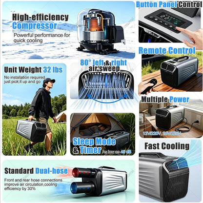  Climatiseur Portable Pour Tentes De Camping, Avec Fonction Déshumidificateur, Faible Consommation D'énergie, Surface De Refroidissement De 8 à 10 M²,Pour Camping-Cars Et Les Vans Aménagés. 12V/220V